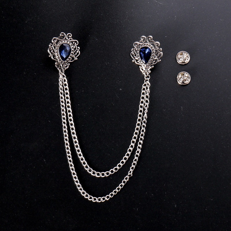 

Vintage Badge Crystal Rhinestone Brooches Pins Blue Tassel Chain Suit Shirt Collar Needle Lapel Pin Men Women Fashion Jewelry