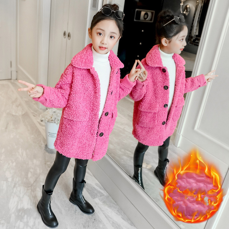 

2020 new coat winter warm quilted wool sweater children's clothing woolen coat foreign fashion lambs wool middle-aged children's, Rose red