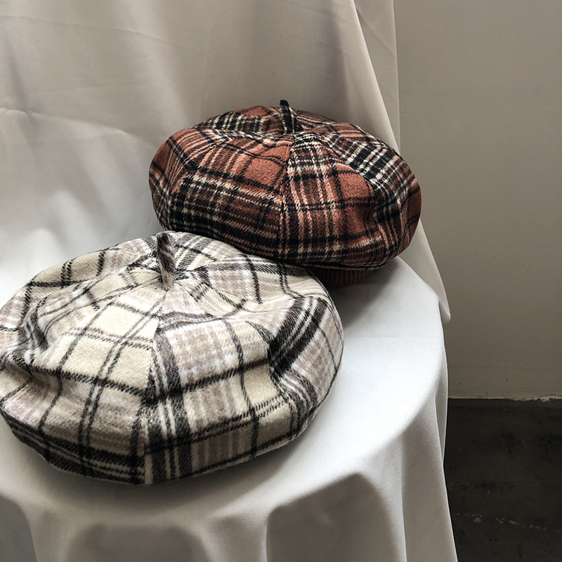 

MyZyQg Fashion Women Plaid Berets Hats Retro Knitted Beret Japanese Fall Winter Art Caps Woolen Warm Painter Hat, Black