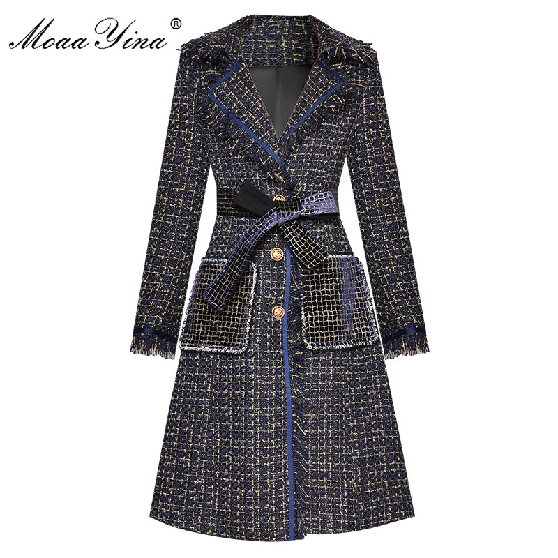 

Women' Trench Coats MoaaYina Fashion Designer Woolen Cloth Windbreaker Overcoat Autumn Women Single-breasted Tassel Long Sleeve Plaid, Navy blue