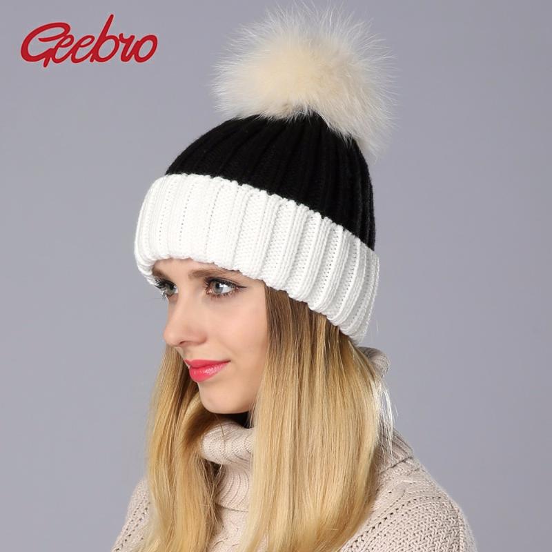 

Geebro Winter Women's Beanie Hat Casual Knitted Patchwork Skullies Beanies With Real Fur Pom Pom Womens Raccoon Fur Pompon Hats, Black grey black