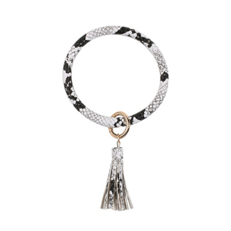 

2020 Trendy Colorful PU Leather Bangle Big Round Snake Print TasselKeychain Bracelet for Women Fashion Keyring Bangle Wholesale