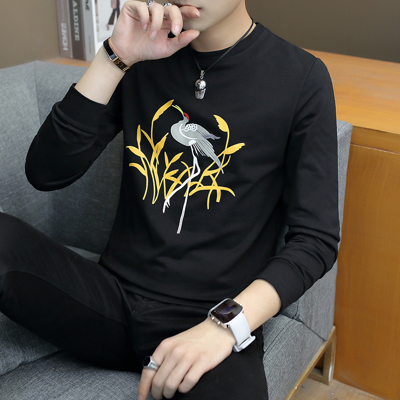 

Long-sleeved T-shirt men's casual shirt spring clothing thin money Weiyi Korean cartoon shirt spring summer handsome clothes, White