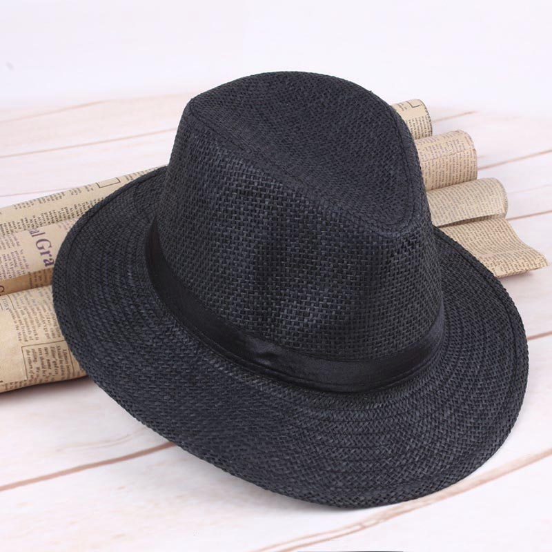 

Men Straw Panama Hat Handmade Cowboy Cap Summer Beach Travel Sunhat JAN88, Black