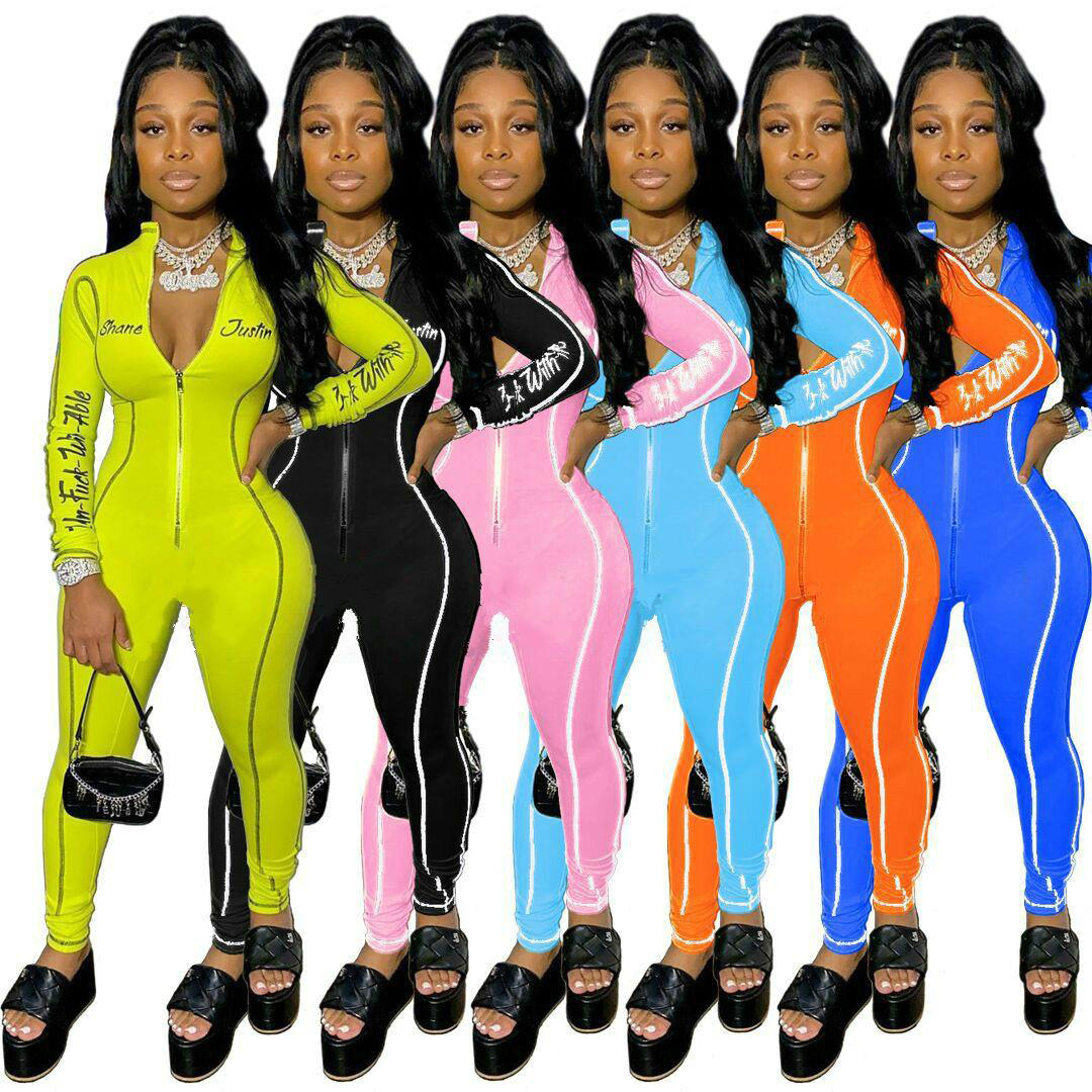 

Wholesale Women Jumpsuits Rompers Fashion Bodysuit Letter Printing Onesies Zipper Stand Collar Line Stitching Slim One Piece Ladies Clothes, Contact us