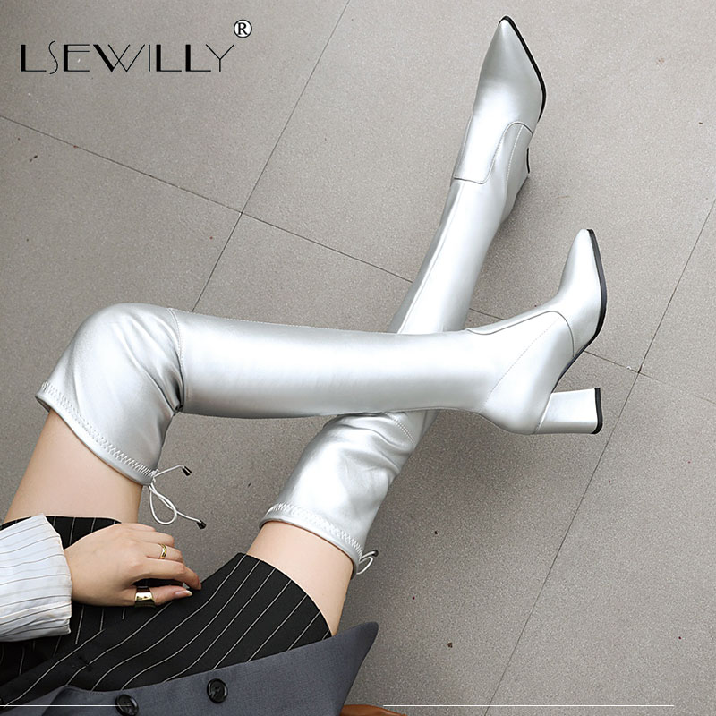 

Lsewilly Autumn 2020 Over The Knee Silver Black Boots Top Lace Up Pointed Toe Block High Heels Shoes Thigh High Overknee Boots