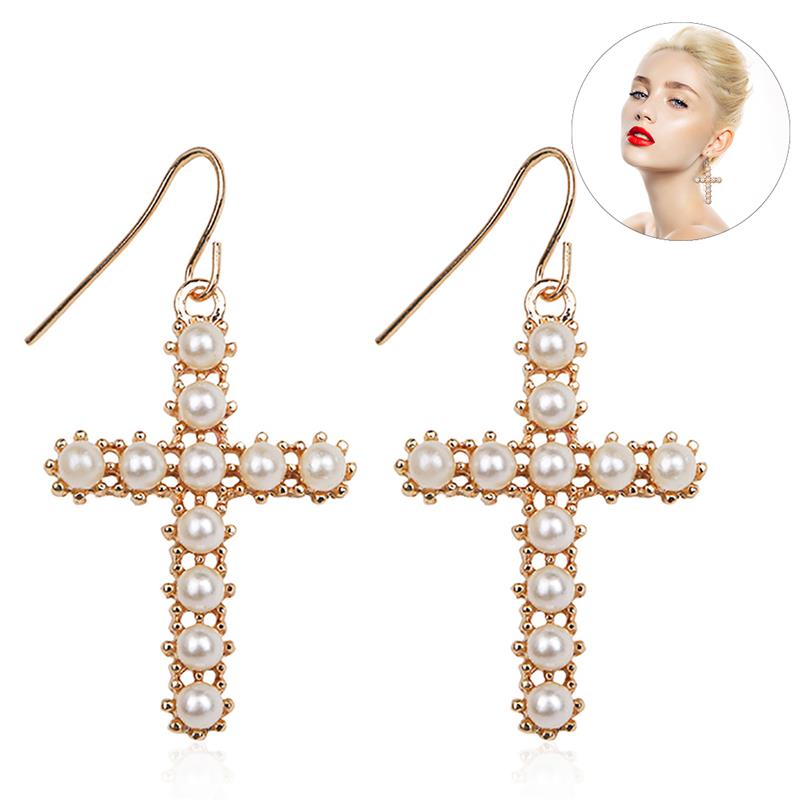 

Dangle & Chandelier Long Drop Earring Imitation Pearl Geometric Cross Earrings For Women Girl Wedding Party Jewelry Gift 2021
