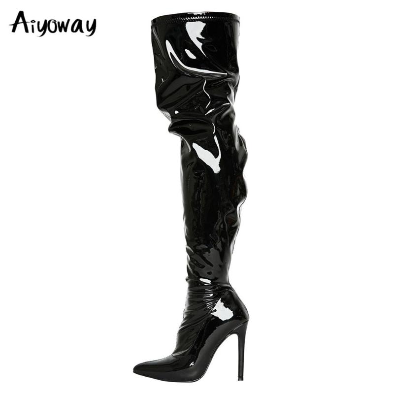 

Aiyoway New Arrival Fashion Patent Leather Over Knee Boots Sexy Women Thin High Heel Black Pointed Toe Zip Thigh High Long Boot