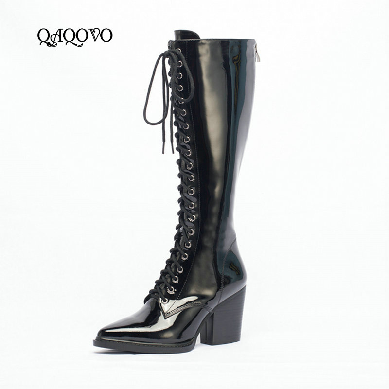 

Women Cow Leather Patent Leather Fashion Knee High Boots Sexy Pointed Toe Back Zipper Boots Autumn Winter High Heel Shoes, Black