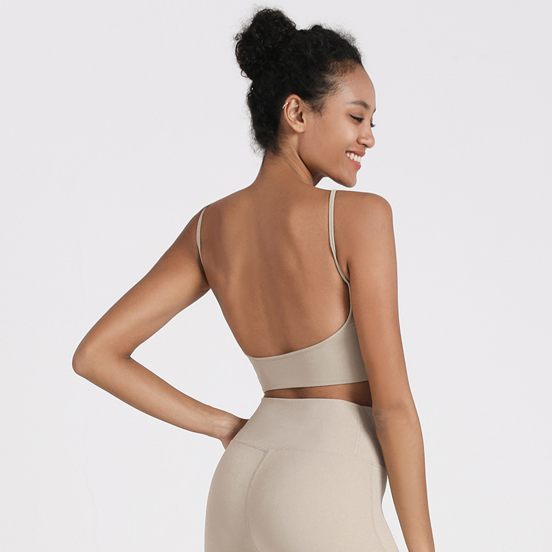 

Sexy Big U Back Women Thin Shoulder Strap Sports Bra V-Neck Solid Color Yoga Vest Medium Intensity Shockproof Fitness Dance Bra, Beige