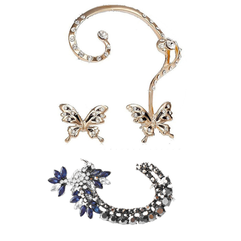 

Womens Butterfly Rhinestone Clip Ear Stud Earrings & Crystal Clip Ear Cuff Stud Women's Punk Wrap Cartilage Earring Blue