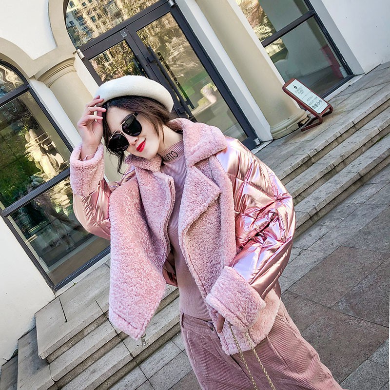 

2020 autumn and winter new fashion stitching bright face to overcome the jacket female medium-sized style sheep skin down jacket, White