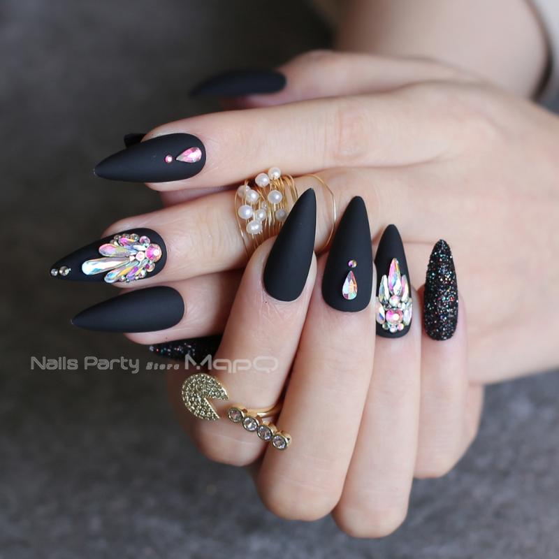 

Long Stiletto red Fake nails crystal false nails golden glitter full set custom Salon press on box 24pcs, Box-red