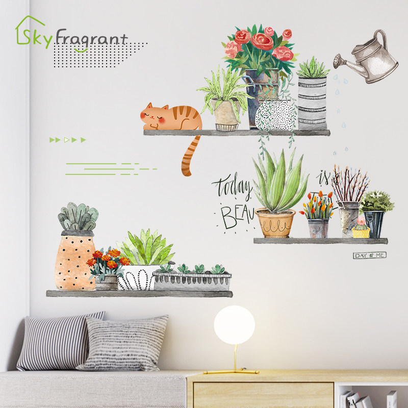 

Nordic wall sticker cute cat and pots plants home self-adhesive stickers bedroom decor living room wall decor room decoration