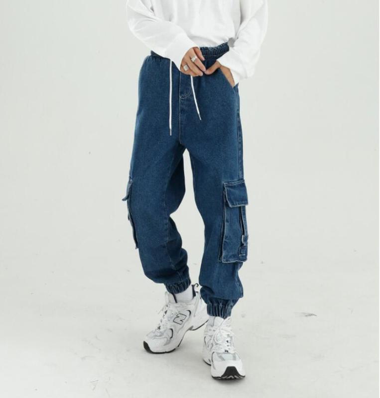 

Male Streetwear Hip Hop Vintage Loose Jean 2020 Autumn winter Men Casual Elastic Waist Denim Trousers Cargo Denim Pants w1096, Blue