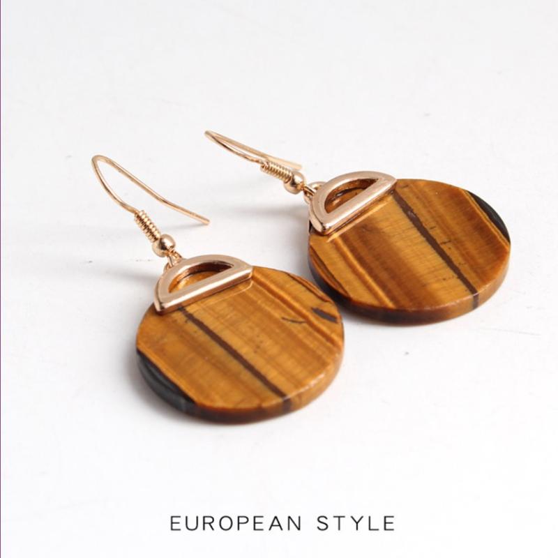 

Light Yellow Gold Color Round Natural Tiger Eye Stone Dangle Earrings for Women Fashion Jewelry