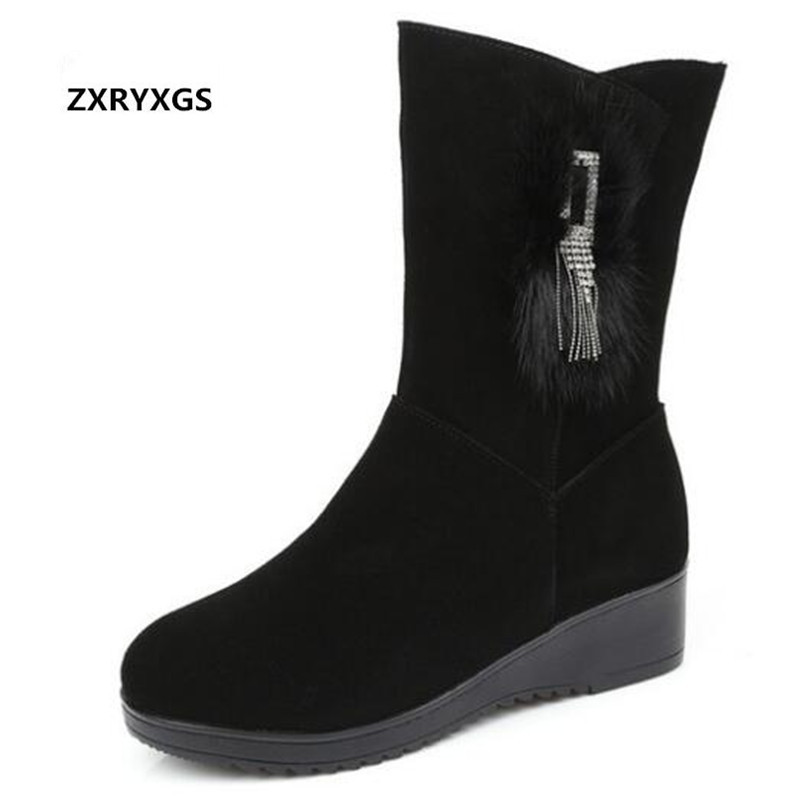

Newest Real Hair Tassel Scrub Cowhide Leather Boots Flat Wedges Comfort Warm Snow Boots In-tube Women, Black