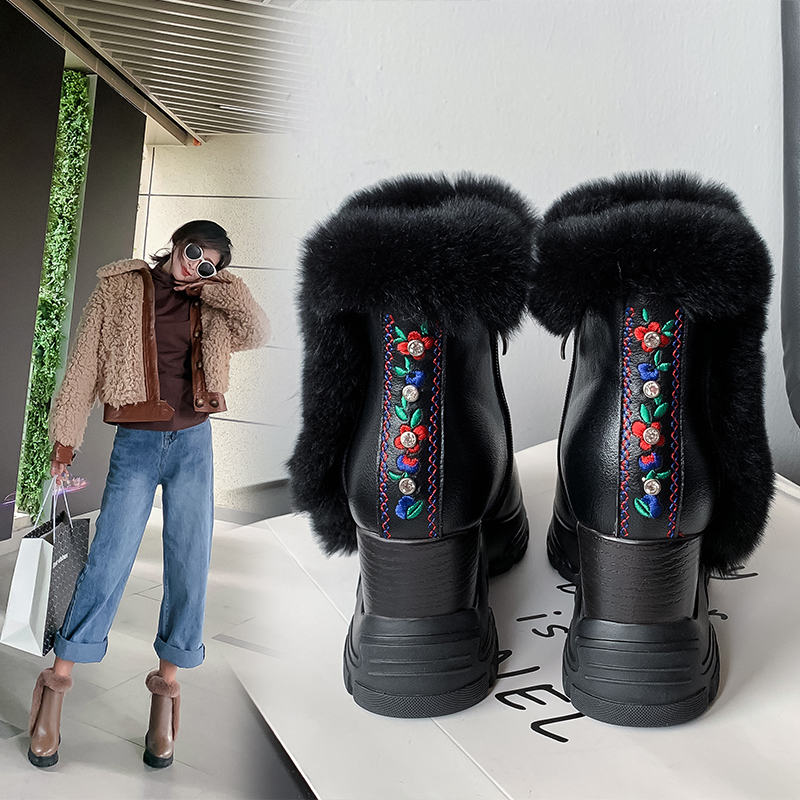

Bottes femme ankle boots women's snow boots cow leather embroidery plush keep warm shoes women's snow mujer, Black