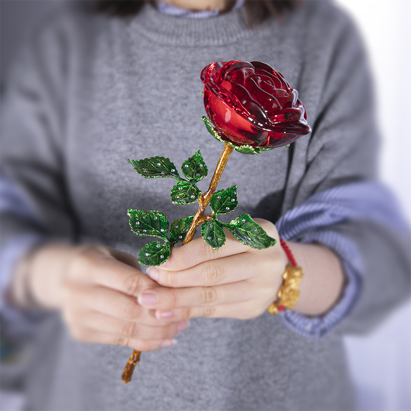 

H&D Crystal Red Rose Flower Figurines Craft Birthday Valentine's Day Favors X'mas Gifts Wedding Home Table Decoration Ornament