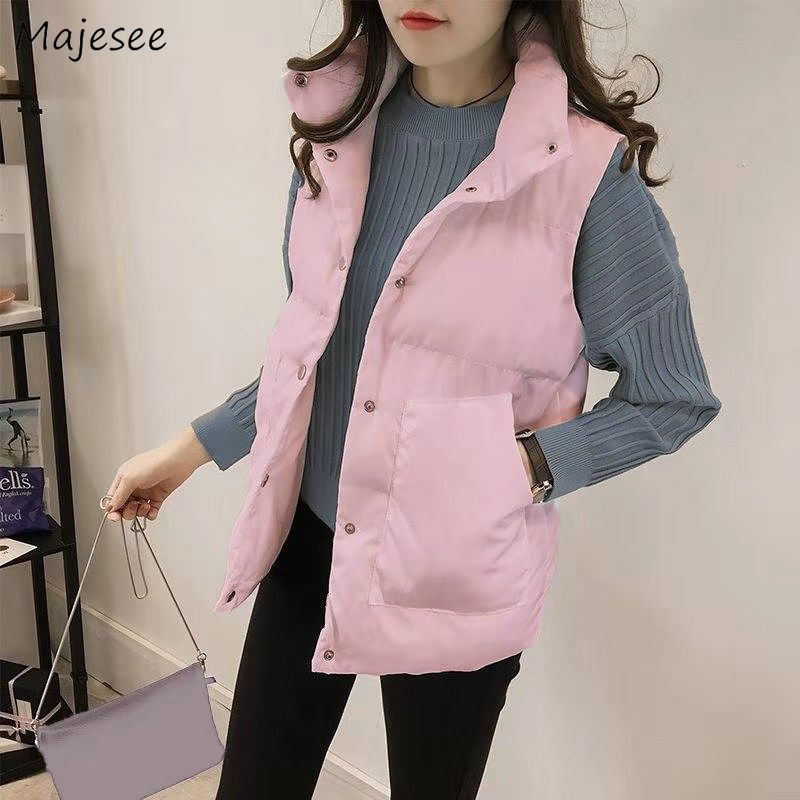 

Vests Women Plus Size Solid Color Students Pockets Single Breasted Womens Korean Clothing Warm Sweet Pink Coats Winter Vest, Black