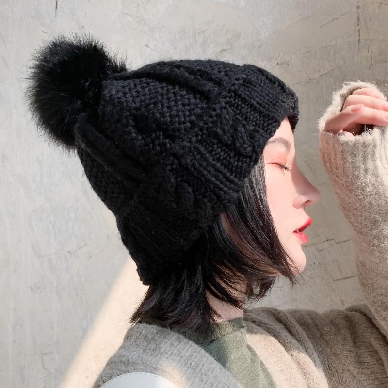 

Fashion Warm Knitted Women's Hat Striped Winter Hats For Women Pink Fur Pompom Wool Beanies Thick Skullies Cap faux Pom pom Hat, Brown