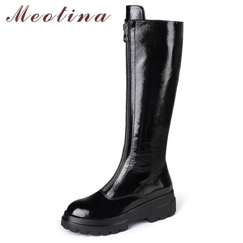 

Meotina Winter Knee High Boots Women Natural Genuine Leather Chunky Heel Long Boots Zipper Round Toe Shoes Lady Autumn Size 4-10, Black