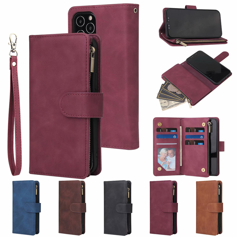 

For iPhone 12 11 Pro Max XS XR X 8 7 cases Leather Zipper Wallet Phone Case With Rope Holder Card Slot All-Inclusive Cover, Wine red