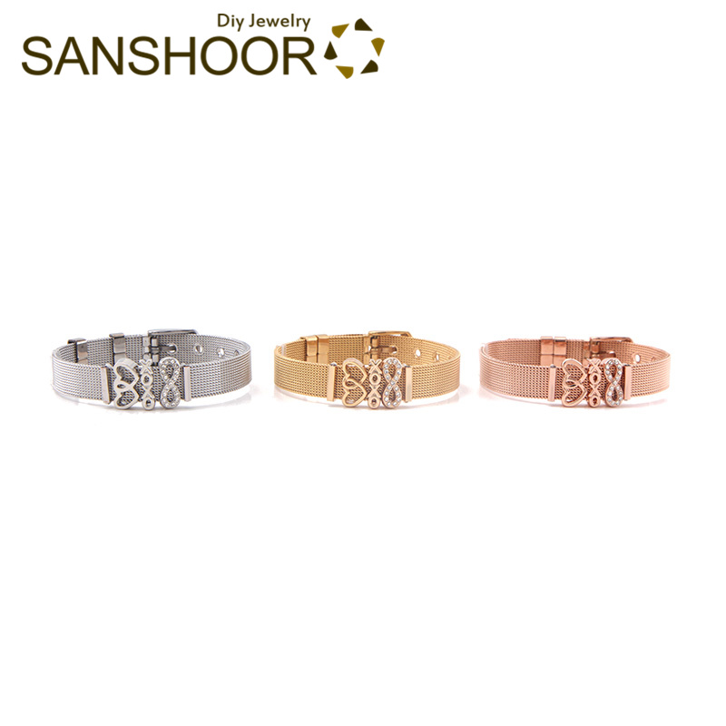 

SANSHOOR Mesh Bracelet Stainless Steel Wristband Interlocking Heart Pave Infinity XOXO Keeper Slide Charms for Women Gifts 1 Set