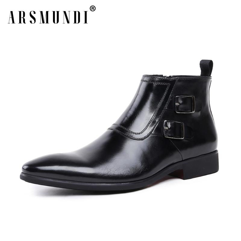 

Men's Leather Boots Cowhide Leather Oxfords Ankle Boots Wedding Business Dress Rubber Sole Zipper Opening 2020 New Buckle Strap, Black-2