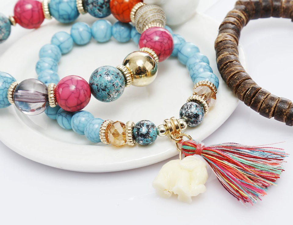 

Fashion all-match cute elephant bracelet, multilayer handmade beaded bracelet, turquoise wood tassel bracelet