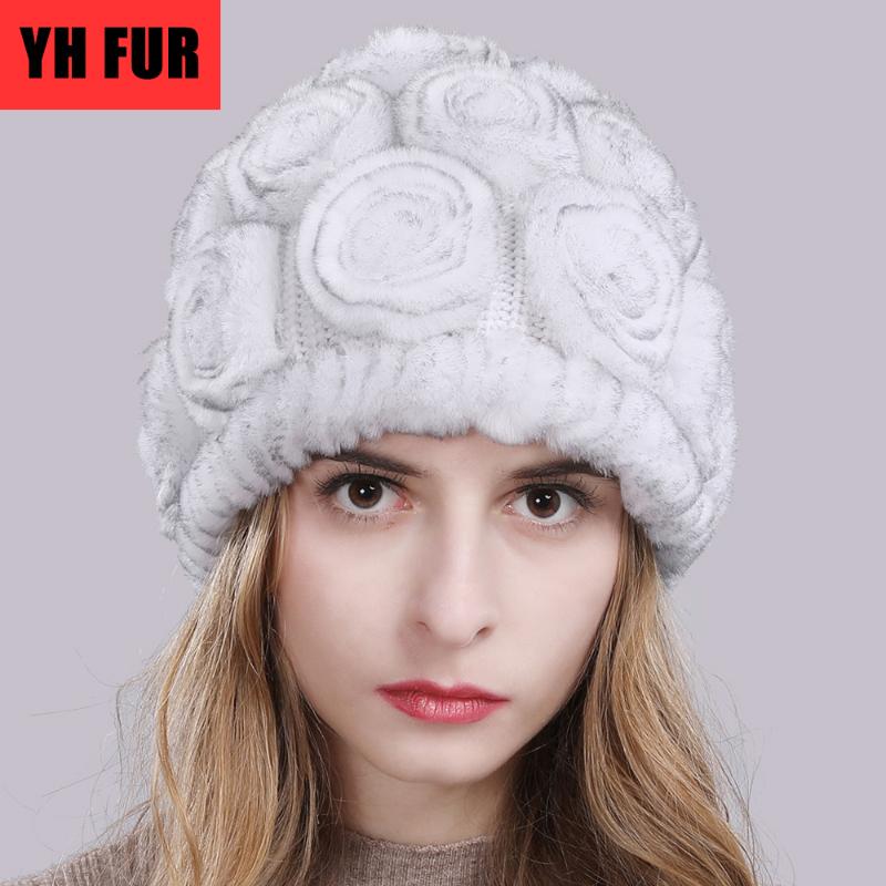 

New Winter Floral 100% Genuine Rex Fur Skullies Hats Russian Lady Knitting Real Fur Caps Women Natural Beanies Hat, Grey red
