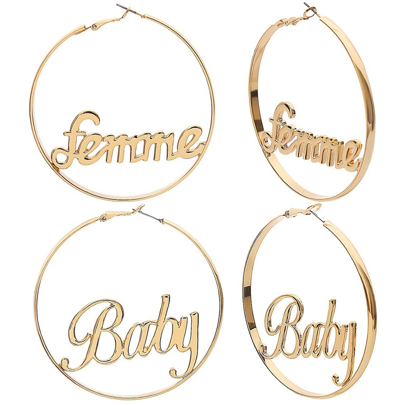 

Simple English Letter Femme Baby Large Earrings For Women Bling Gold Color Punk Big Circle Earrings Fashion Jewelry