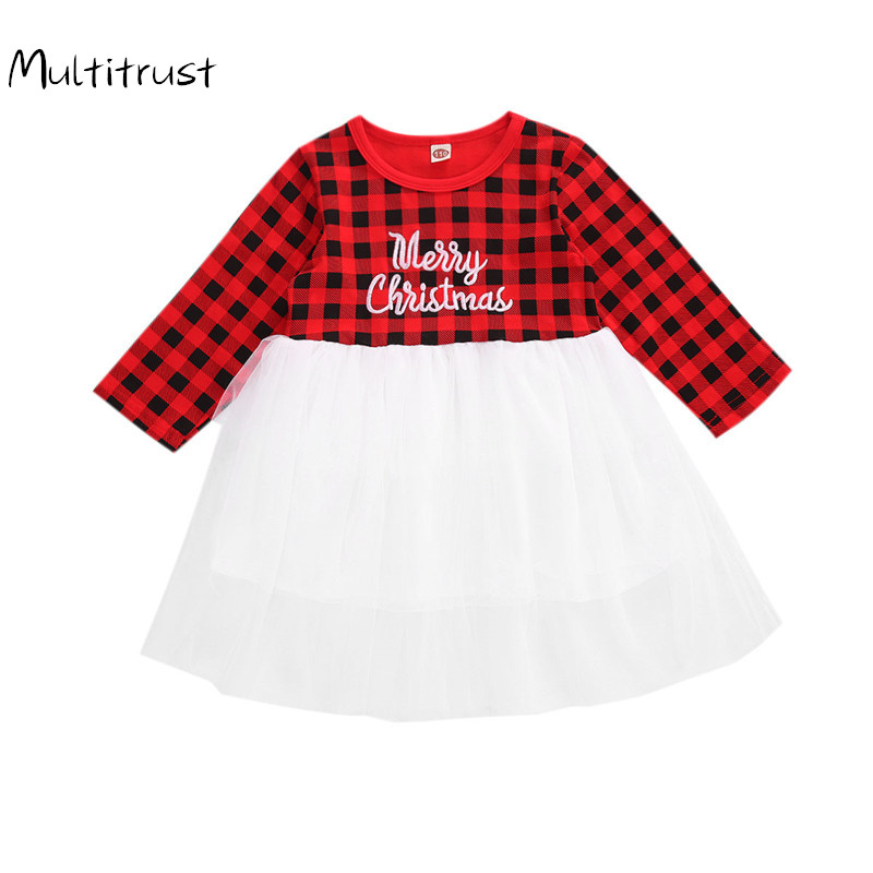

2020 Toddler Baby Girls Red Plaid Dress Christmas Infant Ruffle Long Sleeve Outfits Kids Cotton Dress