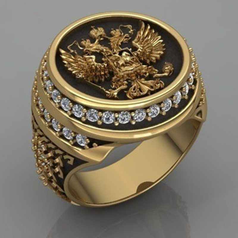 

Domineering Russian Double-headed Eagle Men's Ring 18k Gold Diamond Inlaid Fashion Business Banquet Jewelry Men's Ring