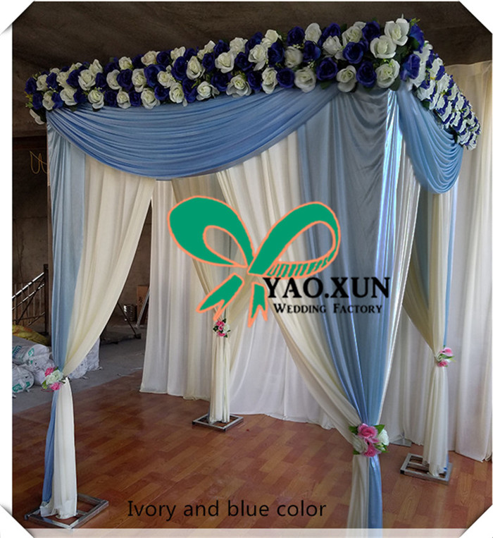 

free shipping ice silk ivory backdrop with baby blue drapes include the four corners square Adjustable stainless steel pole