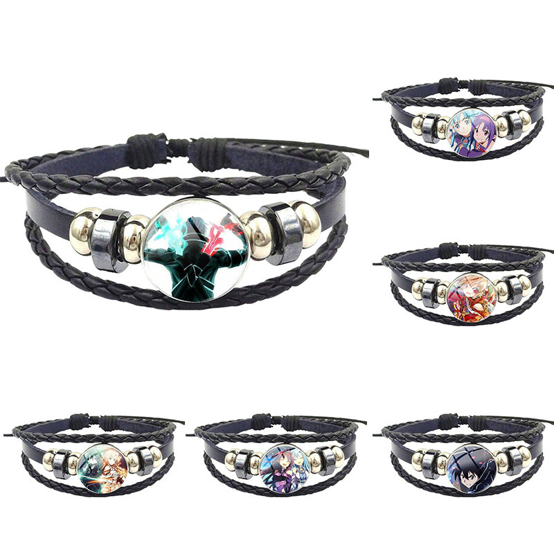 

New Brand Jewelry With Glass Cabochon Black Leather Bracelet Bangle For Women Sword Art Online Manga Kirigaya Kazuto Asuna