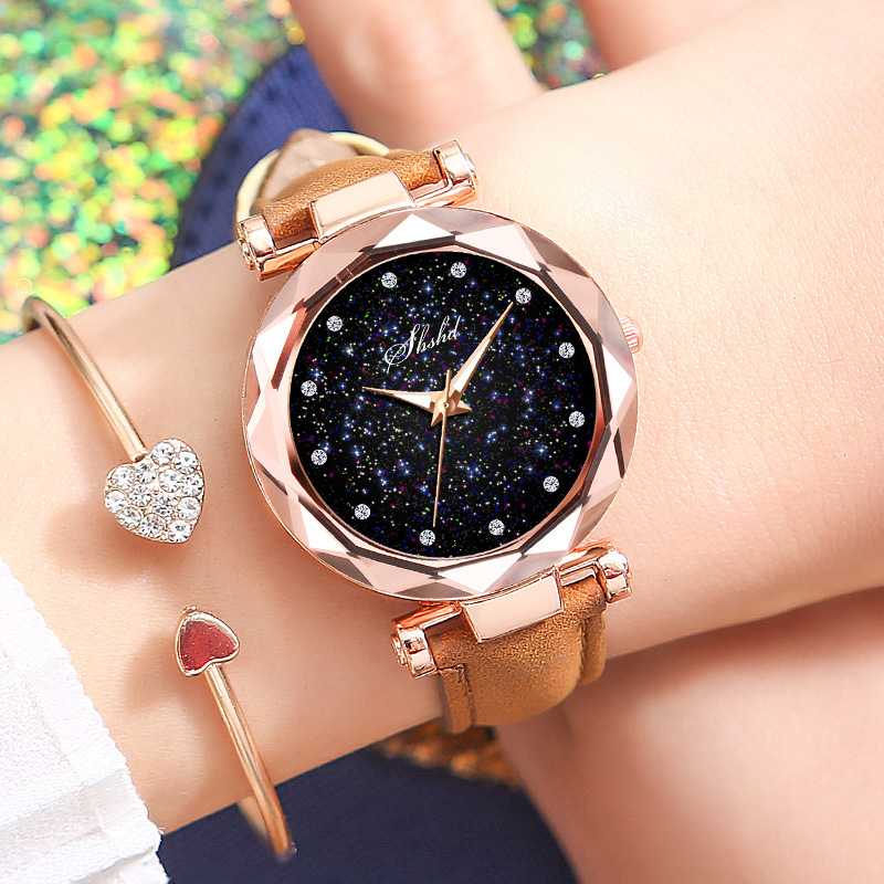 

Gold Fashion Women's Watch 12 crystal Diamond Date Lady's Wrist Watch Top Clock Girl Hours Small Leather Relogio, Brown