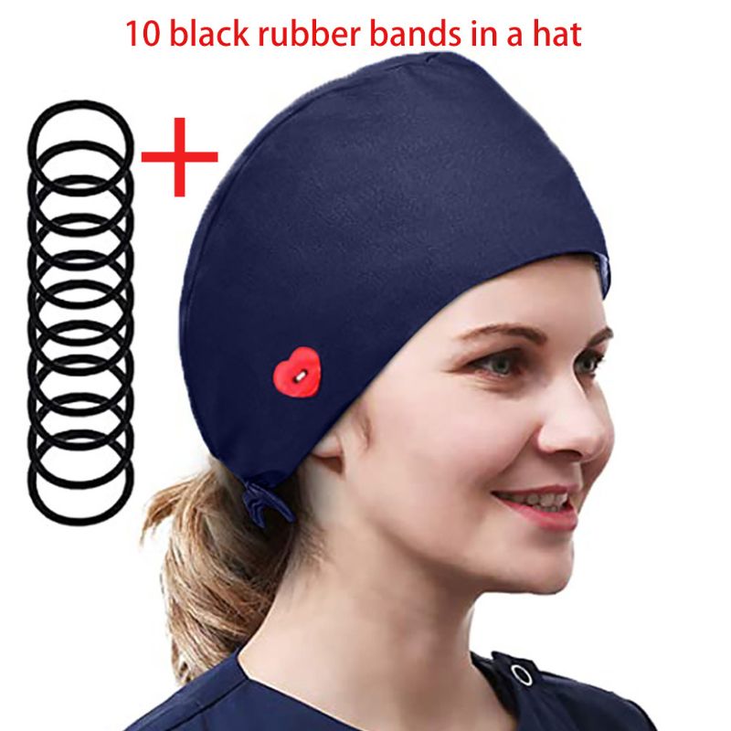 

Women Solid Color Buttons Scrub Cap with 10Pcs Hair Ties Bouffant Hat, Pl