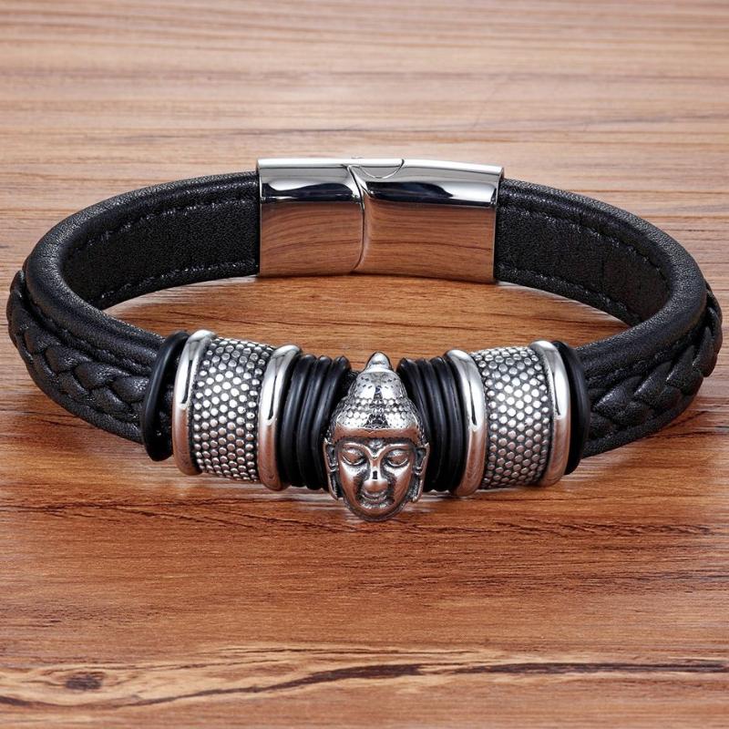 

Charm Bracelets TYO 2021 Genuine Leather Bracelet & Bangle Buddha Head Accessories With Stainless Steel For Blessing Men Lucky Jewelry