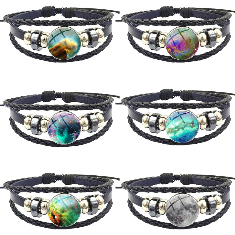 

For Women Wedding Gift Glass Cabochon Newest Jewelry Vintage Statement Black Leather Bracelet Bangle Galaxys Nebula