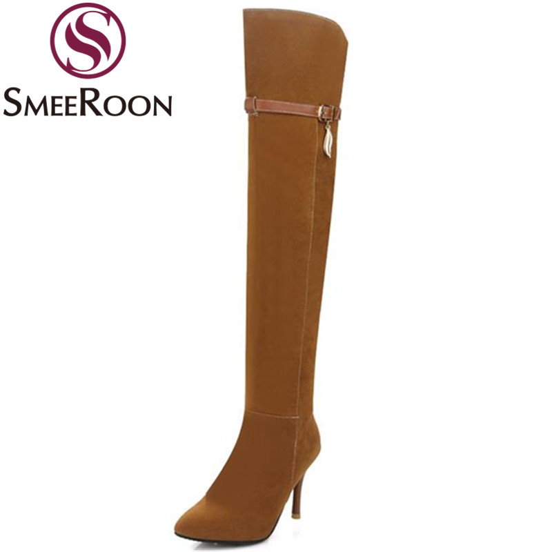 

Smeeroon over the knee boots mature pointed toe thigh high boots zipper hot sale 2020 winter woman shoes thin high heels, Black