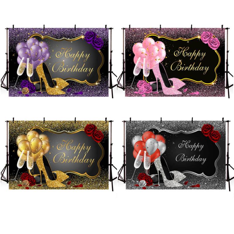 

Happy Birthday Party Banner Backdrop Golden Black Gold Silver Purple Glitter Dots Party Decoration for Women Birthday Background