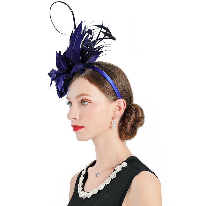 

Fashion Wedding Woman Hat Fedoras Elegant Blue Fascinator Natural Feather Hat for Wedding Cap Banquet Headdress, Blue hat