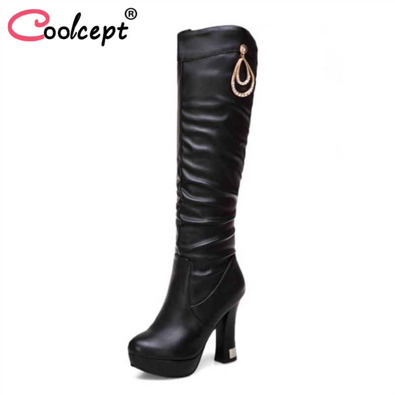 

CoolCept Size 32-43 High Heel Ladies Knee Boots Fur Winter Women Shoes Warm High Platform Long Boots Crystal Woman Footwear, Black
