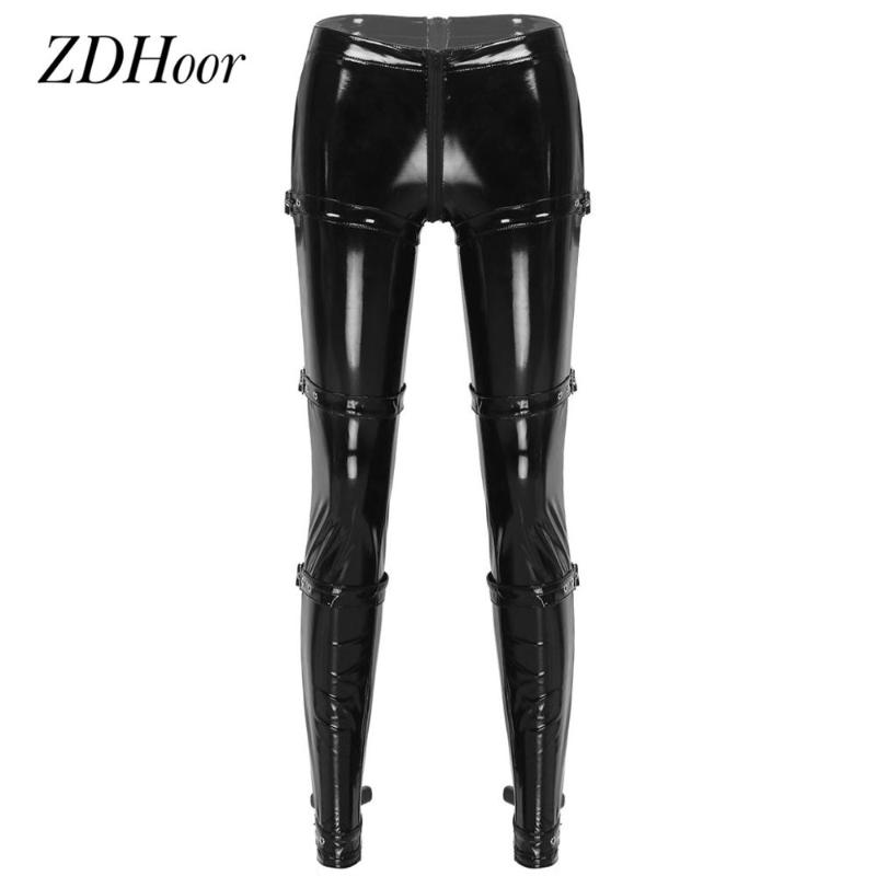 

New Hot Womens Patent Leather Pants High Waist Zippered Crotch Buckles Pencil Pants Skinny Stretchy Legging Trousers Clubwear, Black