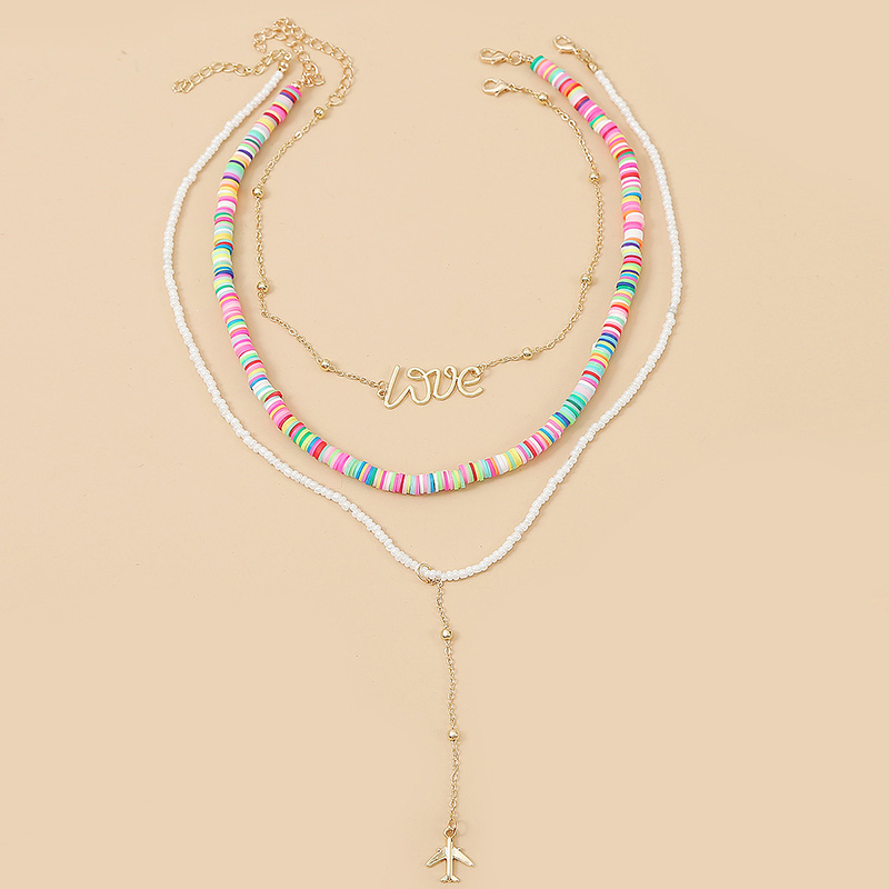 

3 Pcs/Set Beach Style Women's Boho Multicolor Polymer Clay White Glass Beaded Necklace Fashion Letter Aircraft Pendant Necklace