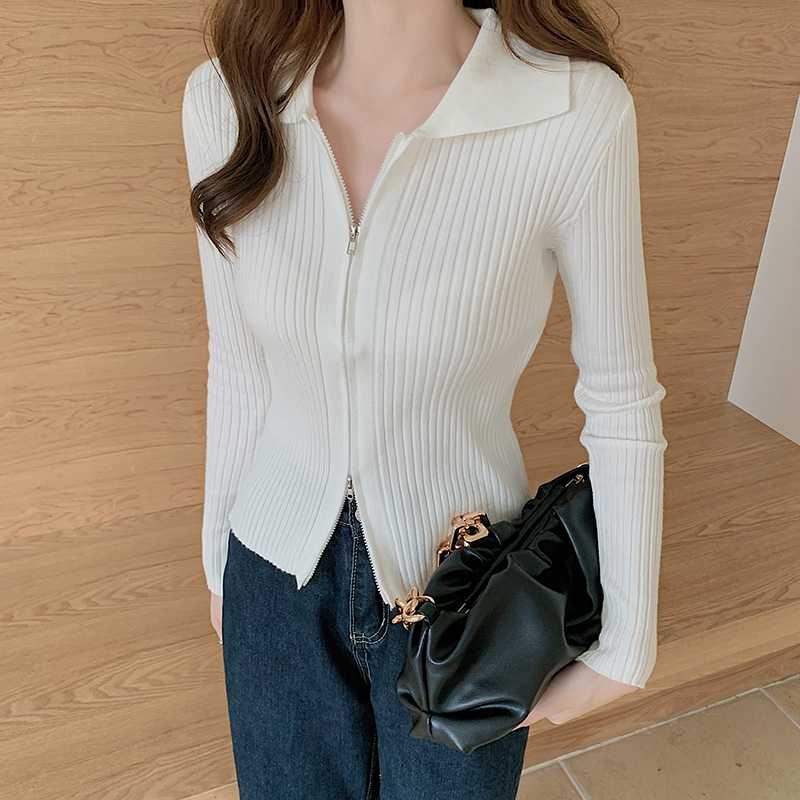 

Stylish Zipper Design Turn-down Collar Knitted Cardigan Women Sweet Casual High Elastic Top Modal Skin-friendly Knitwear Sweater, Black