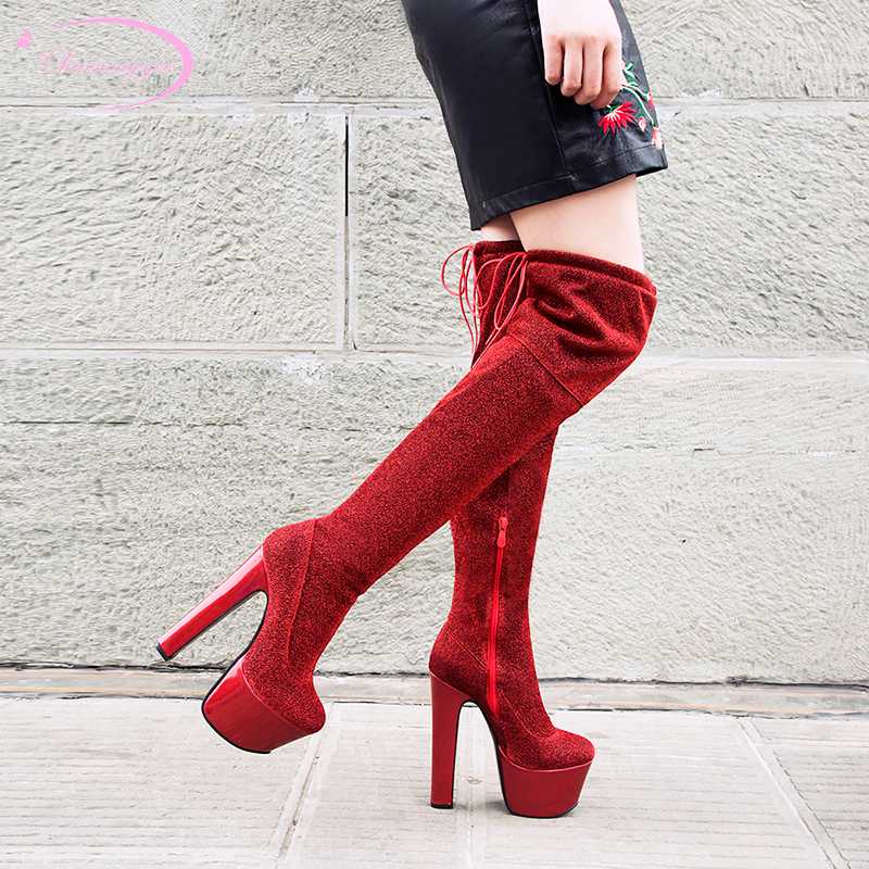 

Nightclub round toe glitter flock over knee boots lace-up zipper paint platform super high heels chunky women's riding boots, Blue