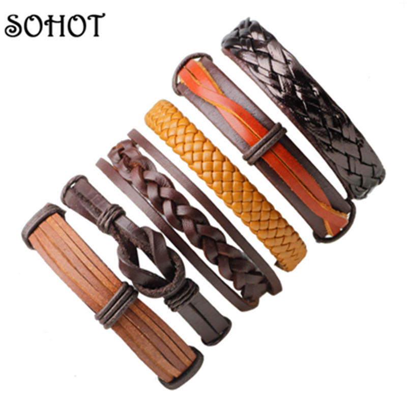 

SOHOT Trendy Vintage 6 pieces Leather Bracelet Handmade Braided Wrapped Multilayer Rope Adjustable Men Jewelry For Party Gift