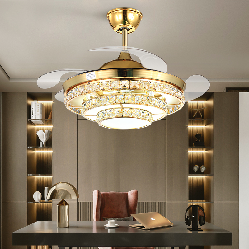 

Modern Gold Luxury Invisible Ceiling Crystal Fan Lamp Inverter Frequency Conversion Household Dining Room Electric Fan Light